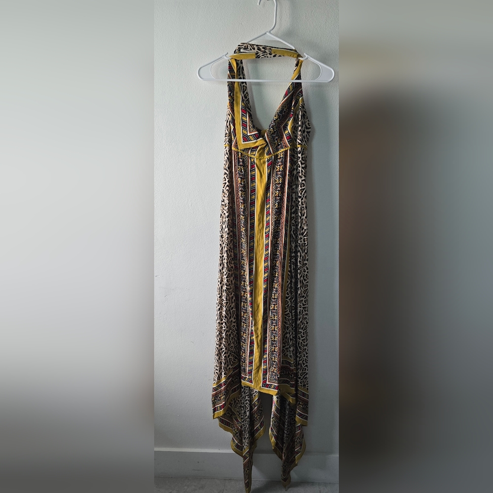 Nicole Miller Yellow and Brown Asymmetrical Halter Maxi Dress